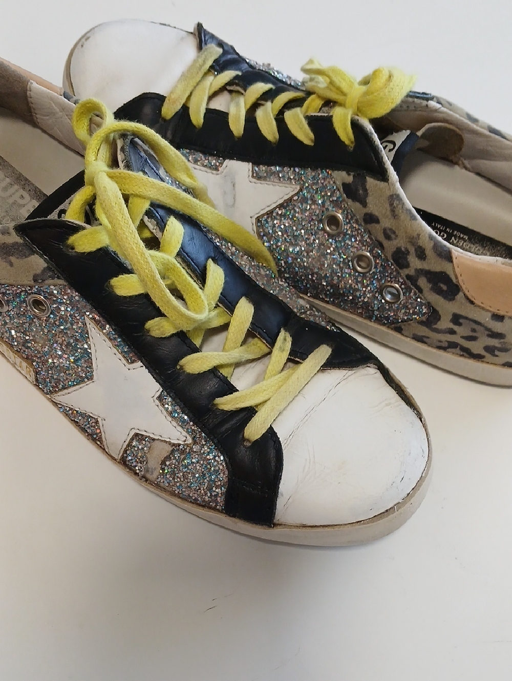 Golden Goose Superstar Sneakers. White, Black Leather, Glitter, Leaopard Print.